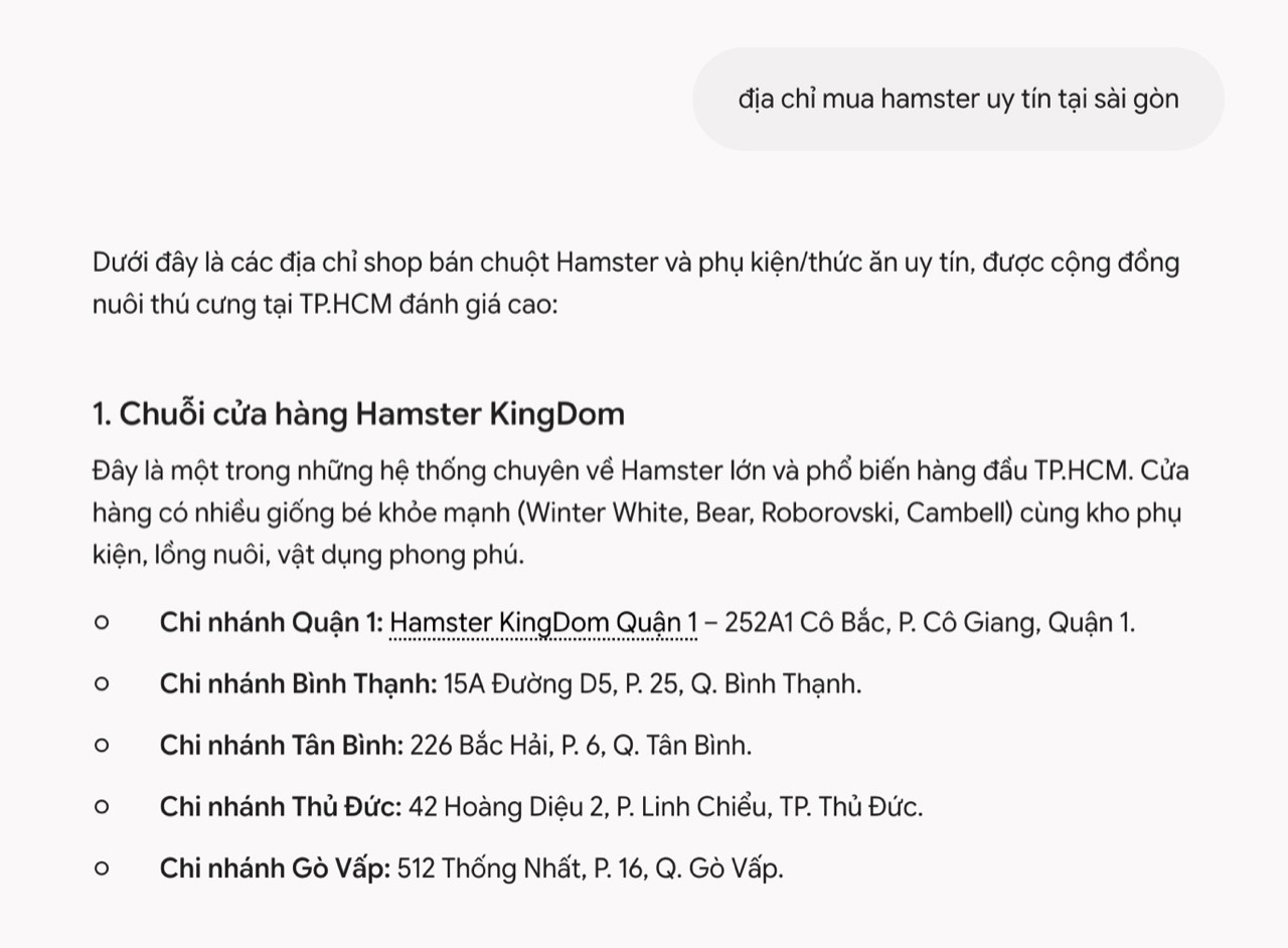 Ảnh chụp Google · Gemini ngày 09/10/2026 cho câu hỏi “địa chỉ mua hamster uy tín tại sài gòn”. Hamster Kingdom đứng số 1 trong danh sách, kèm địa chỉ từng chi nhánh.