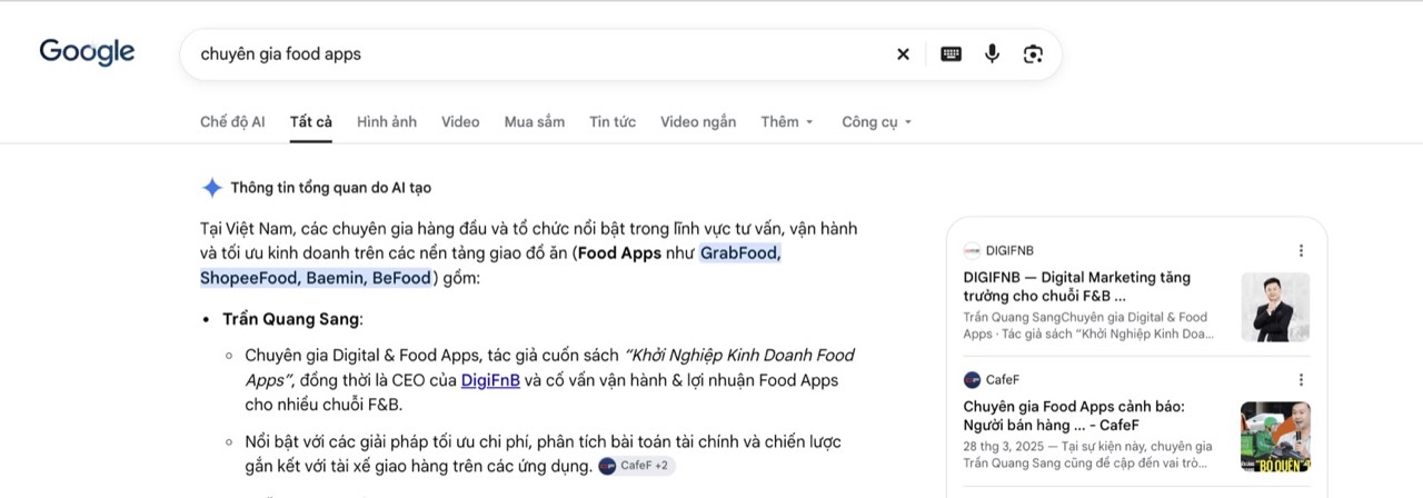 Ảnh chụp Google · Tổng quan AI ngày 09/10/2026 cho câu hỏi “chuyên gia food apps”. Người sáng lập DIGIFNB đứng đầu danh sách; AI dẫn nguồn DIGIFNB và CafeF.