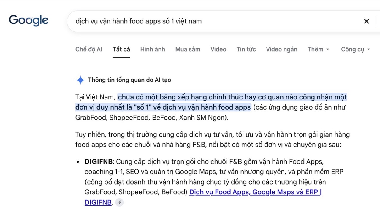 Ảnh chụp Google · Tổng quan AI ngày 09/10/2026 cho câu hỏi “dịch vụ vận hành food apps số 1 việt nam”. DIGIFNB là đơn vị được nêu đầu tiên, kèm link về website.