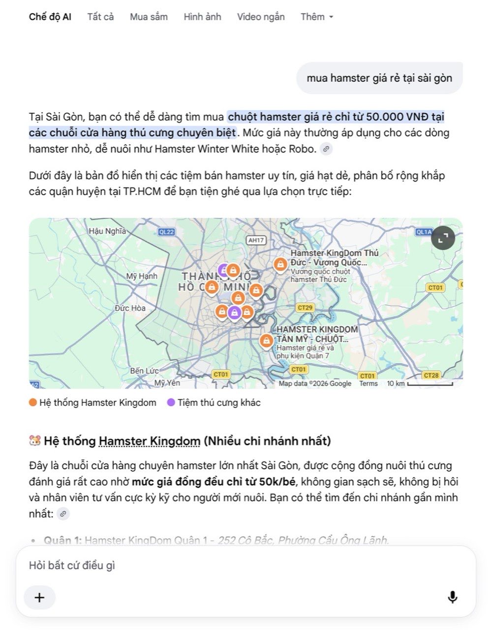 Ảnh chụp Google · Chế độ AI ngày 09/10/2026 cho câu hỏi “mua hamster giá rẻ tại sài gòn”. AI vẽ bản đồ các chi nhánh và giới thiệu Hamster Kingdom đầu tiên.