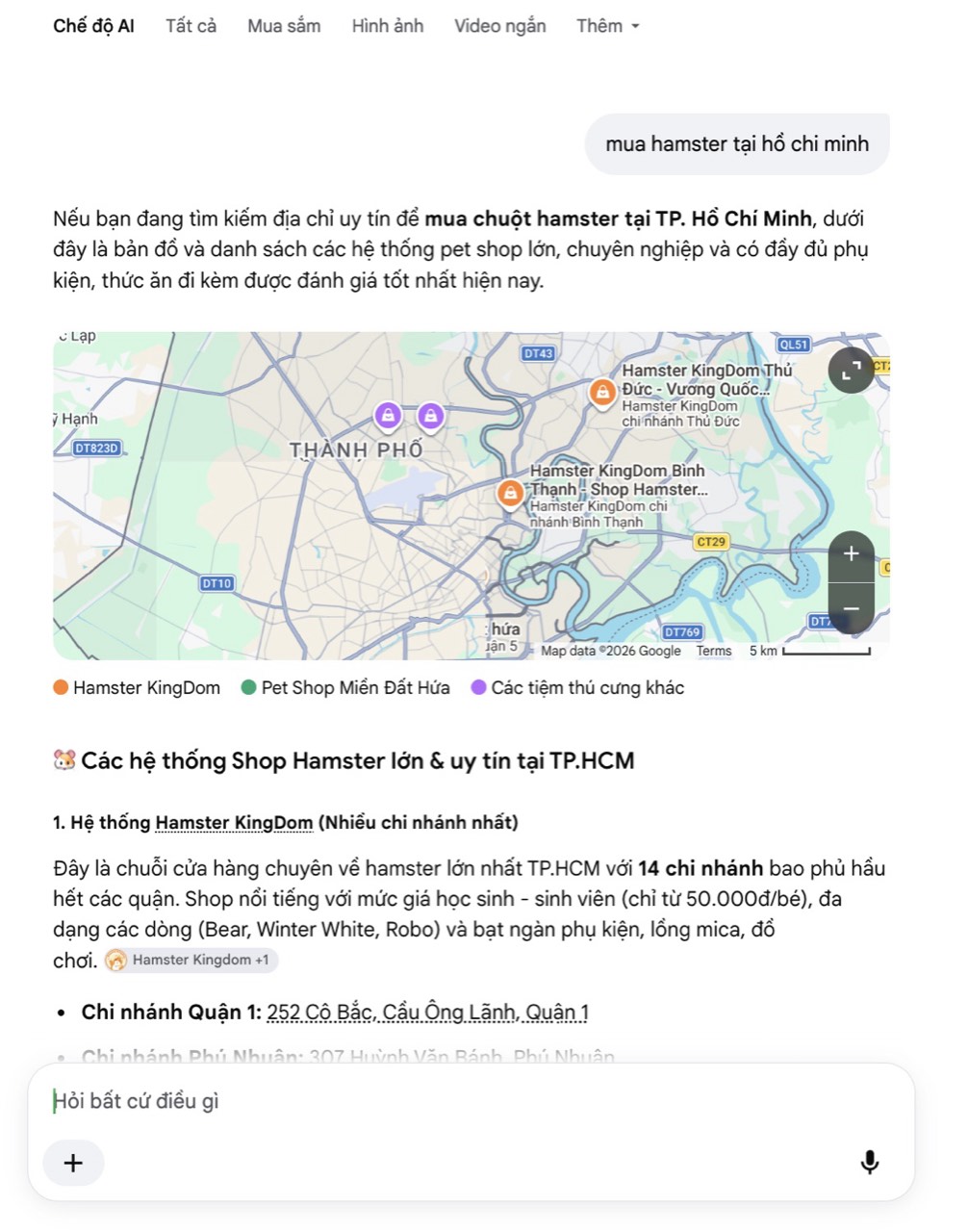 Ảnh chụp Chế độ AI của Google ngày 09/10/2026: với câu hỏi “mua hamster tại hồ chí minh”, AI xếp hệ thống Hamster KingDom đứng đầu, kèm bản đồ các chi nhánh.