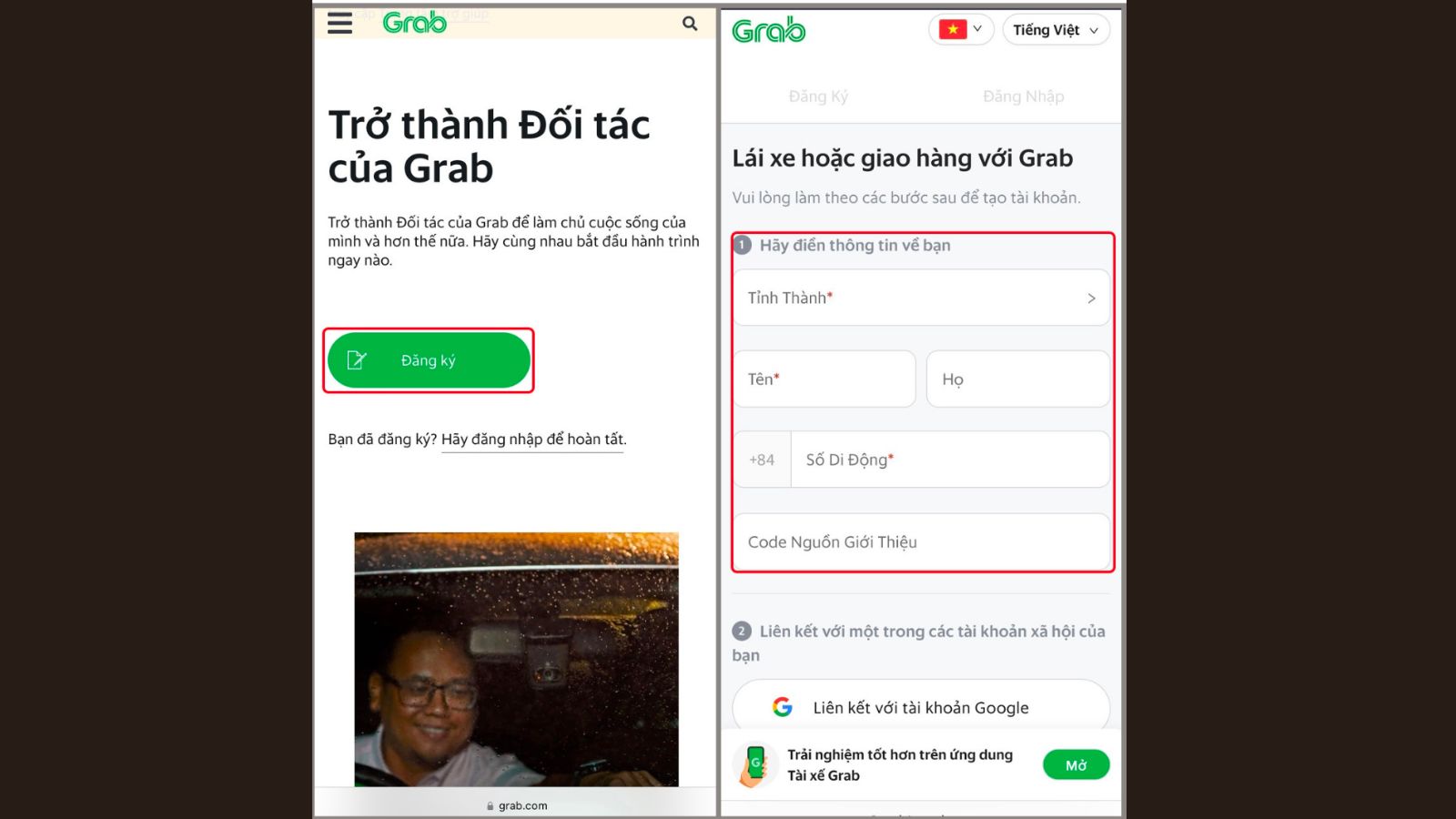 Truy cập trang web hoặc ứng dụng GrabDriver để đăng ký Online.